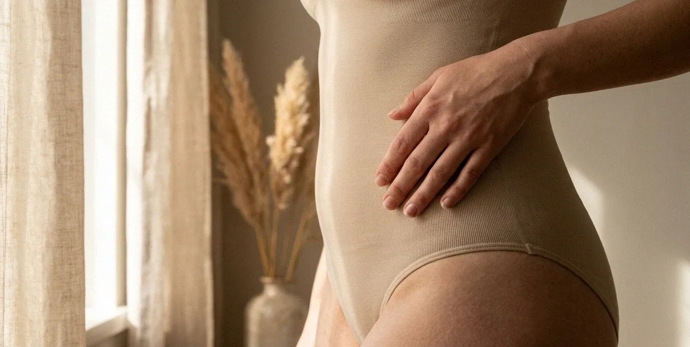 Dettaglio ravvicinato del corpo di una donna che indossa una guaina compressiva.