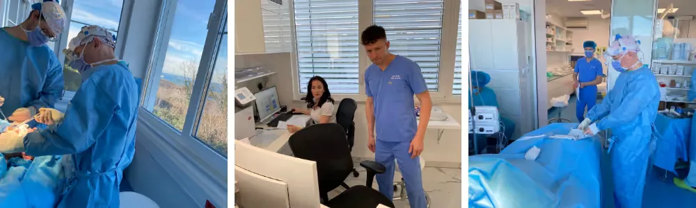 Three images showing a plastic surgery clinic: surgeons performing surgery by a window, a waiting area with chairs and marble floor, and medical staff preparing a patient in an operating room.