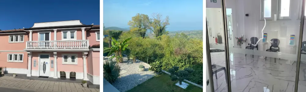 Triptych showing a pink two-story building with white columns and balcony, a green garden with trees under a clear sky, and a modern interior room with white marble floor and chairs.