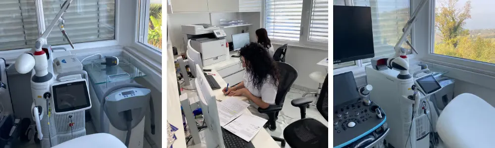Triptych of a modern medical office showing advanced medical devices near windows and two women working at desks with computers and paperwork.
