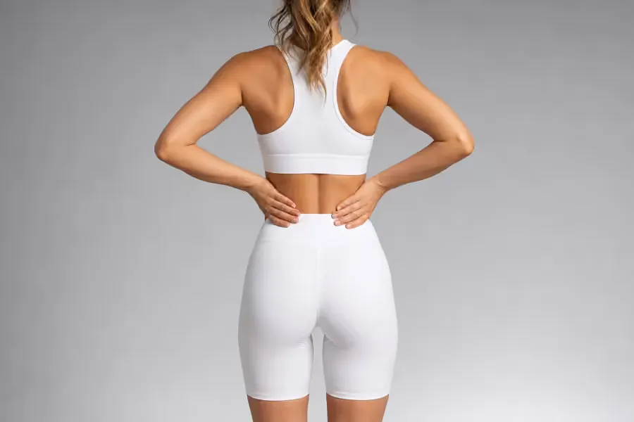 Donna di spalle con top e pantaloncini bianchi