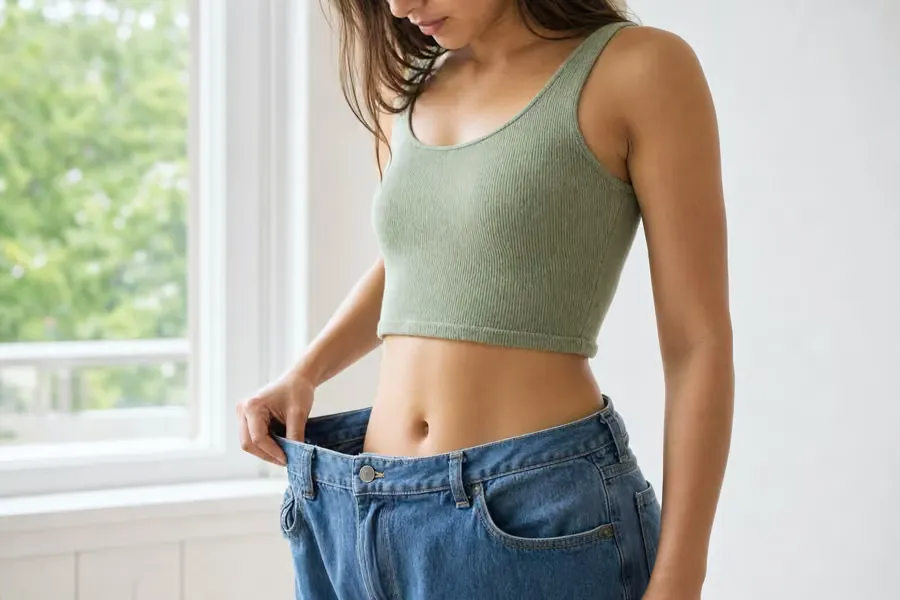Donna che mostra i jeans diventati troppo larghi in vita
