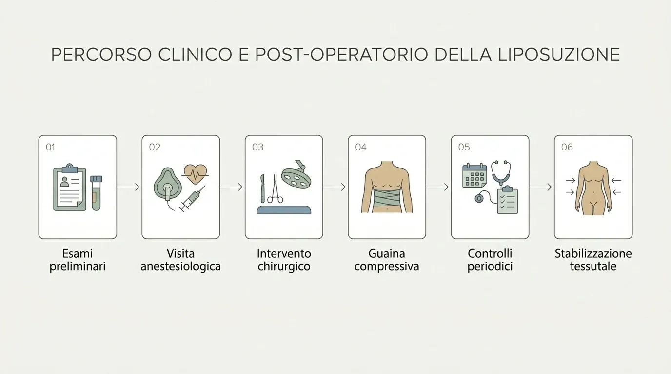 Schema lineare delle fasi del percorso chirurgico di liposuzione, dalla preparazione clinica preoperatoria fino al recupero postoperatorio.