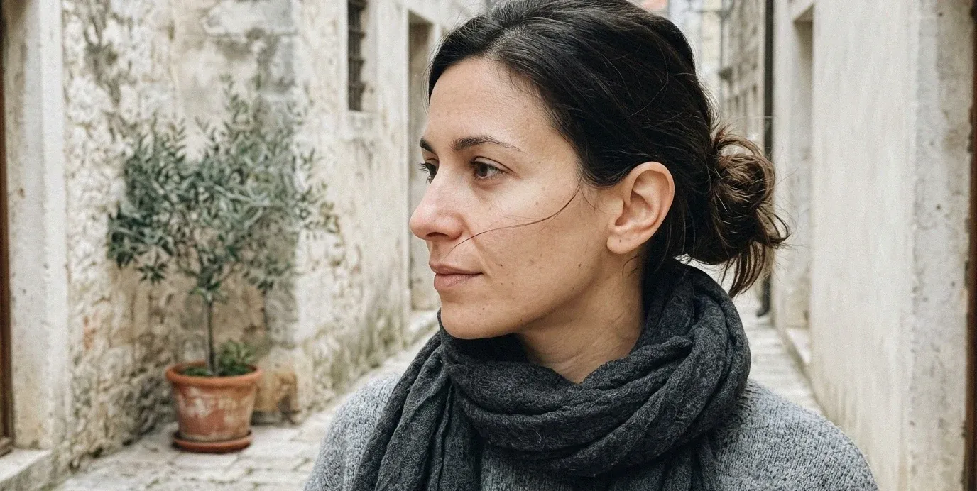 Donna di profilo con i capelli raccolti in una via del centro storico.
