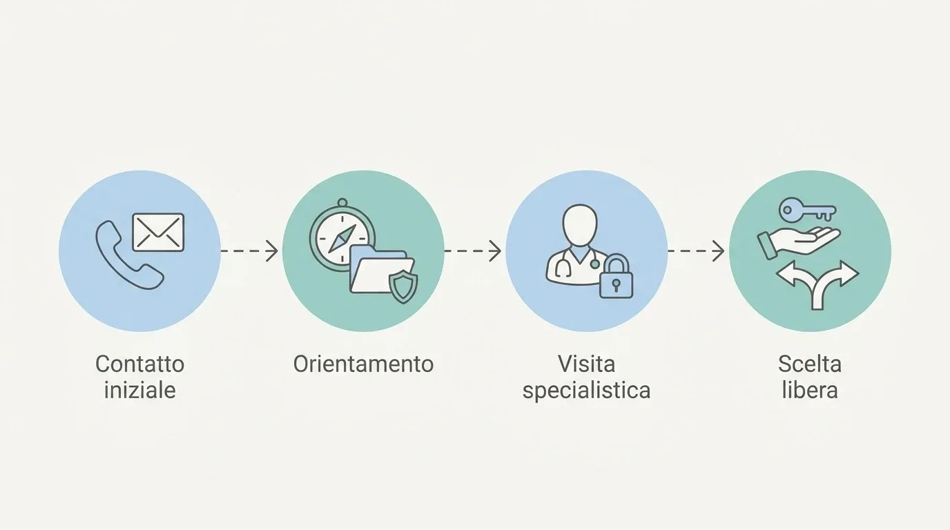 Diagramma di flusso che illustra le quattro fasi del percorso clinico, dal contatto iniziale alla visita specialistica.